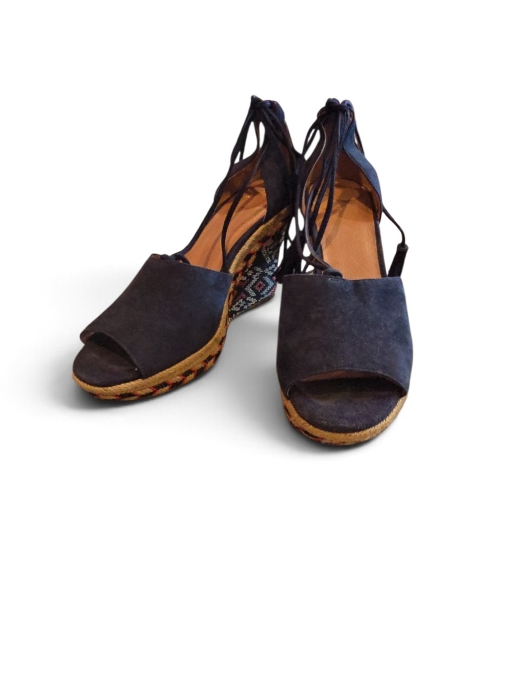CAbi Navy Suede Espadrille Wedge Sandals with Lace-Up Back